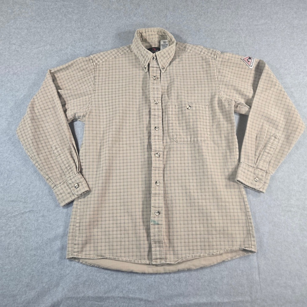 Bulwark FR Flame Resistant Work Shirt Mens Small Tan Blue Grid Excel FR Cotton